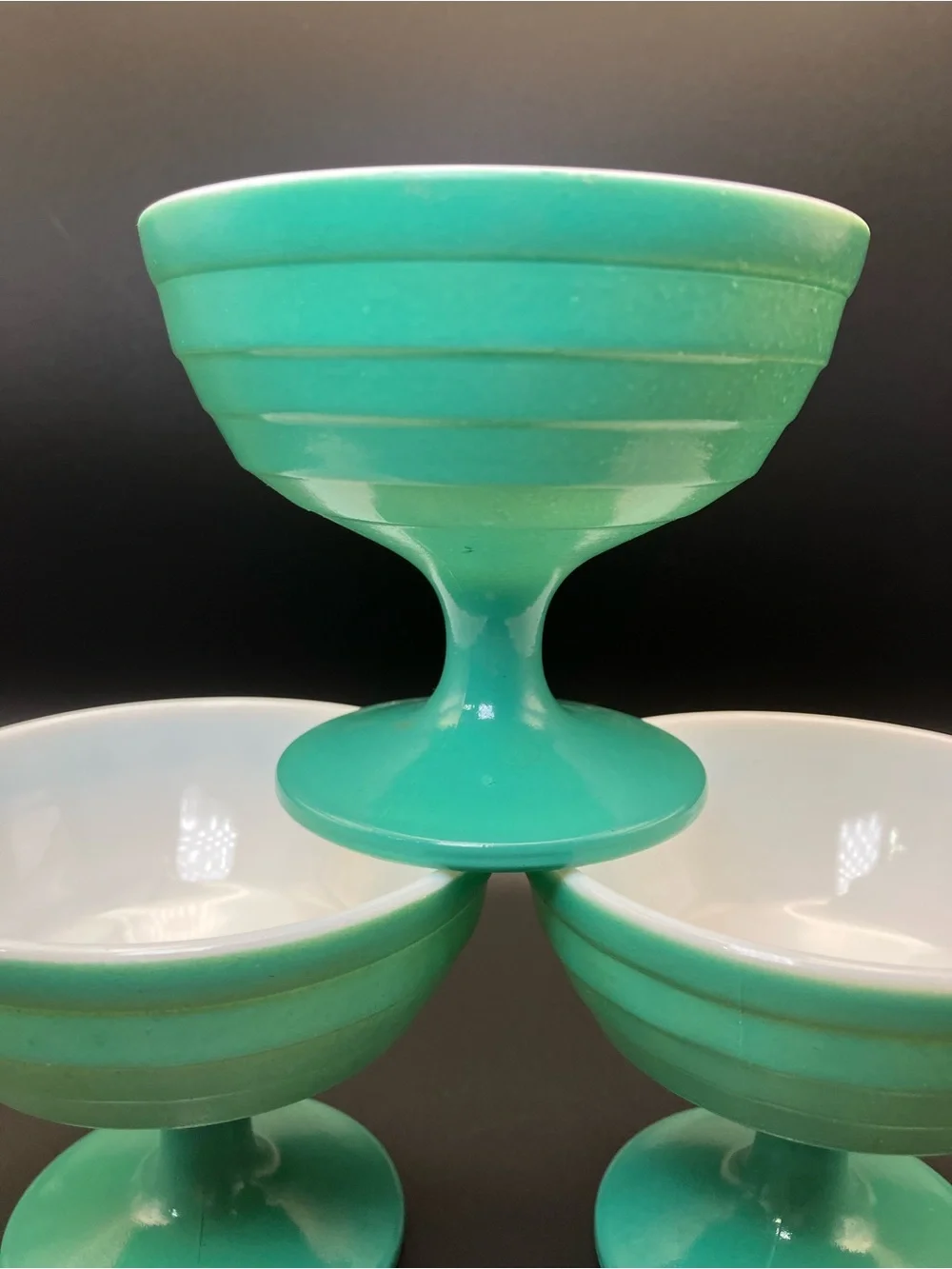 Hazel Atlas Moderntone Platonite Turquoise Pedestal Dessert Cups - Set of 3